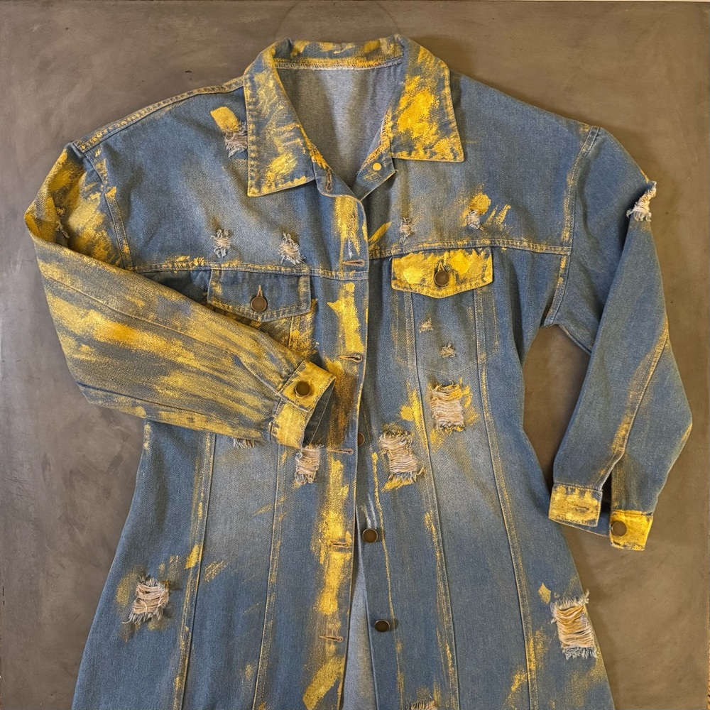Distressed Hand-Painted Denim Maxi Duster Jacket w. Gold Finish - Picture 3 of 16